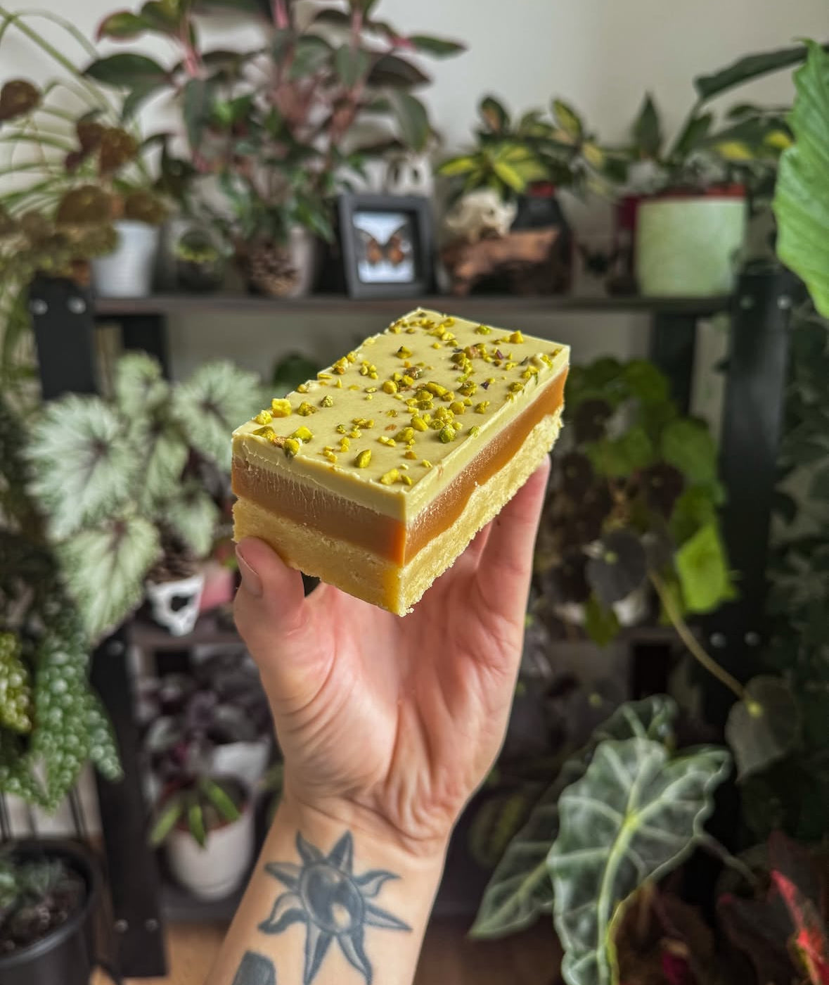 Pistachio millionaire’s shortbread (with raspberry pieces instead of pistachio on top)
